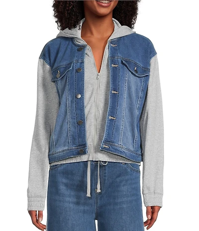 Tractr Tractr Blu Color Block French Terry Denim Long Sleeve Hooded Jacket