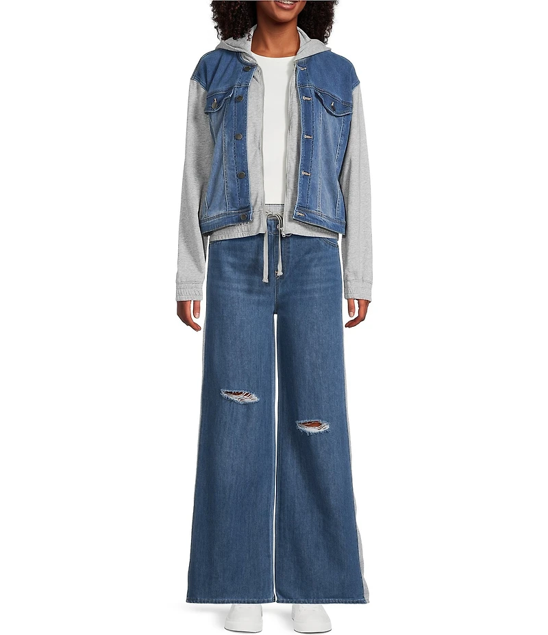 Tractr Tractr Blu Color Block French Terry Denim Long Sleeve Hooded Jacket