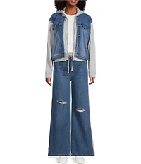 Tractr Tractr Blu Color Block French Terry Denim Long Sleeve Hooded Jacket