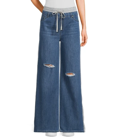 Tractr Blu Denim French Terry Drawstring Waist Flare Jeans