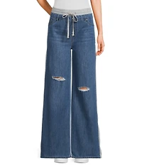 Tractr Blu Denim French Terry Drawstring Waist Flare Jeans