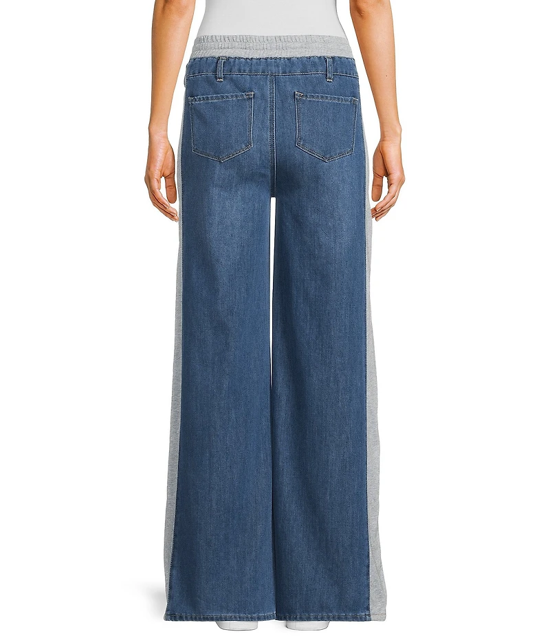 Tractr Blu Denim French Terry Drawstring Waist Flare Jeans