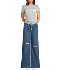 Tractr Blu Denim French Terry Drawstring Waist Flare Jeans