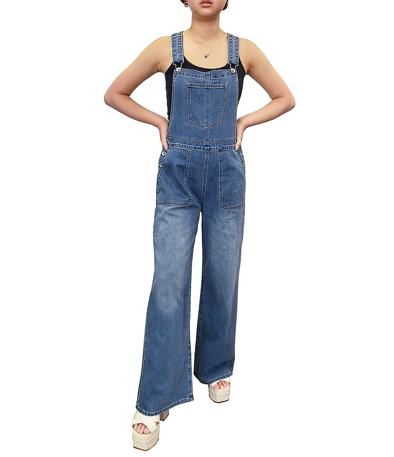 Tractr Tractr Blu Denim Square Neck Wide Leg Overalls