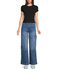 Tractr Tractr Blu High Rise Classic Fit Cargo Wide Leg Jeans