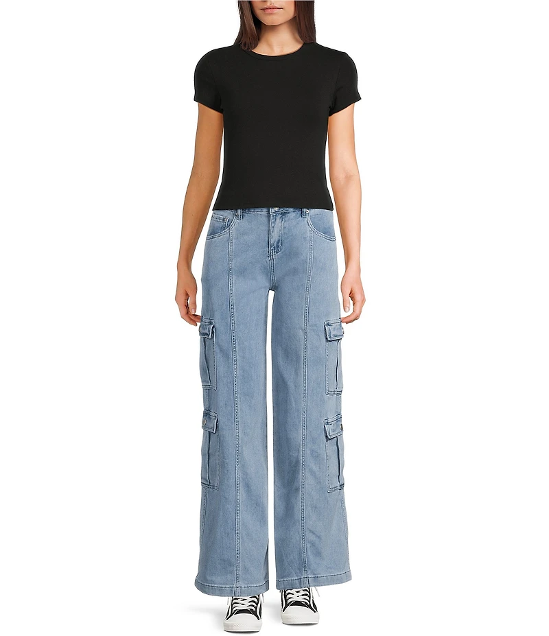 Tractr Tractr Blu High Rise Classic Fit Wide Leg Cargo Jeans