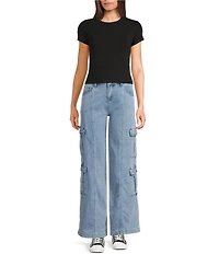 Tractr Tractr Blu High Rise Classic Fit Wide Leg Cargo Jeans