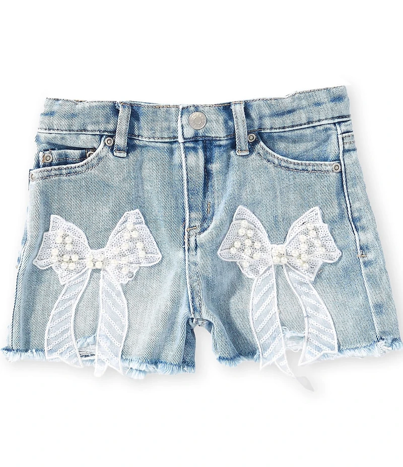 Tractr Little Girls Jeweled-Lace-Bow-Detailed Denim Shorts