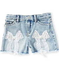 Tractr Little Girls Jeweled-Lace-Bow-Detailed Denim Shorts