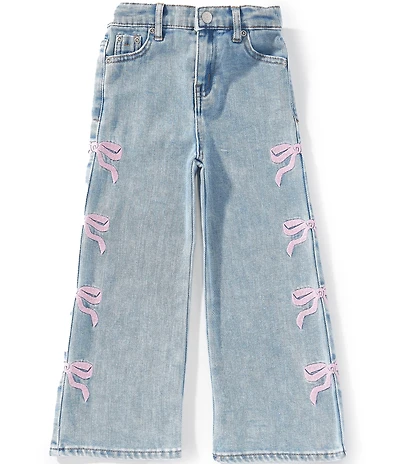 Tractr Little Girls Wide Leg Bow Print Denim Jeans