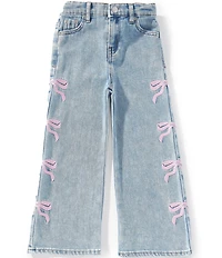 Tractr Little Girls Wide Leg Bow Print Denim Jeans