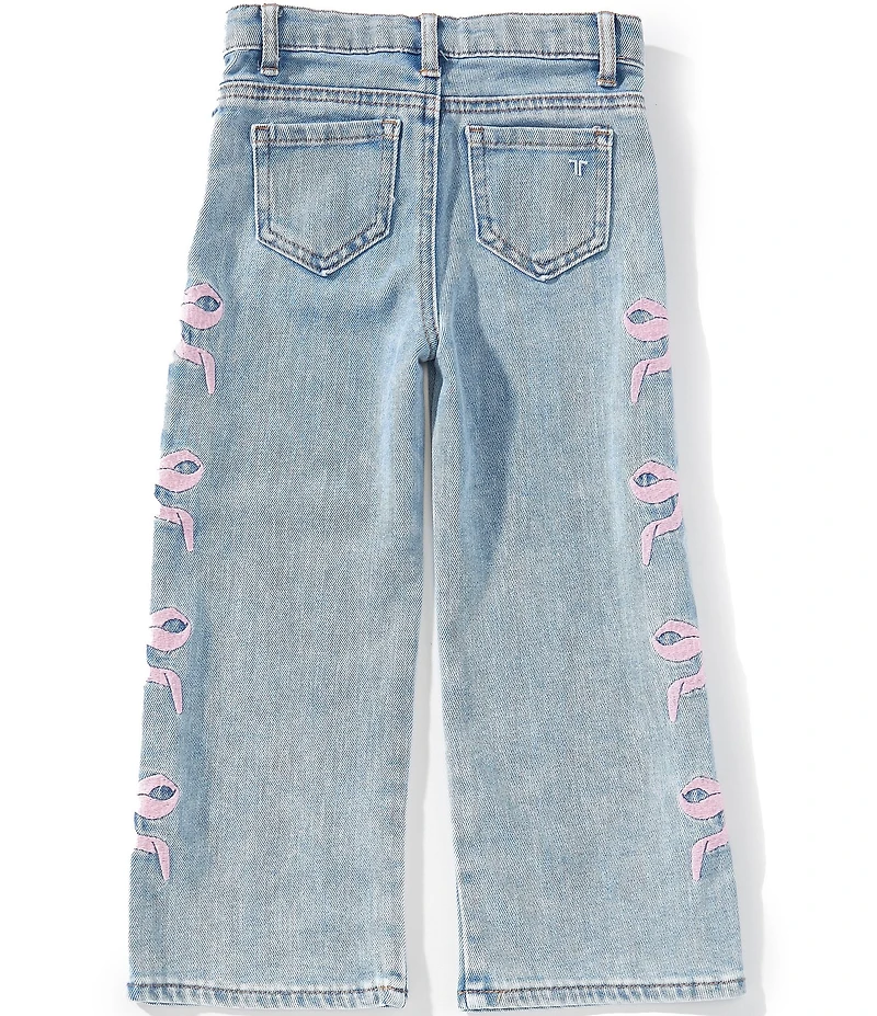 Tractr Little Girls Wide Leg Bow Print Denim Jeans