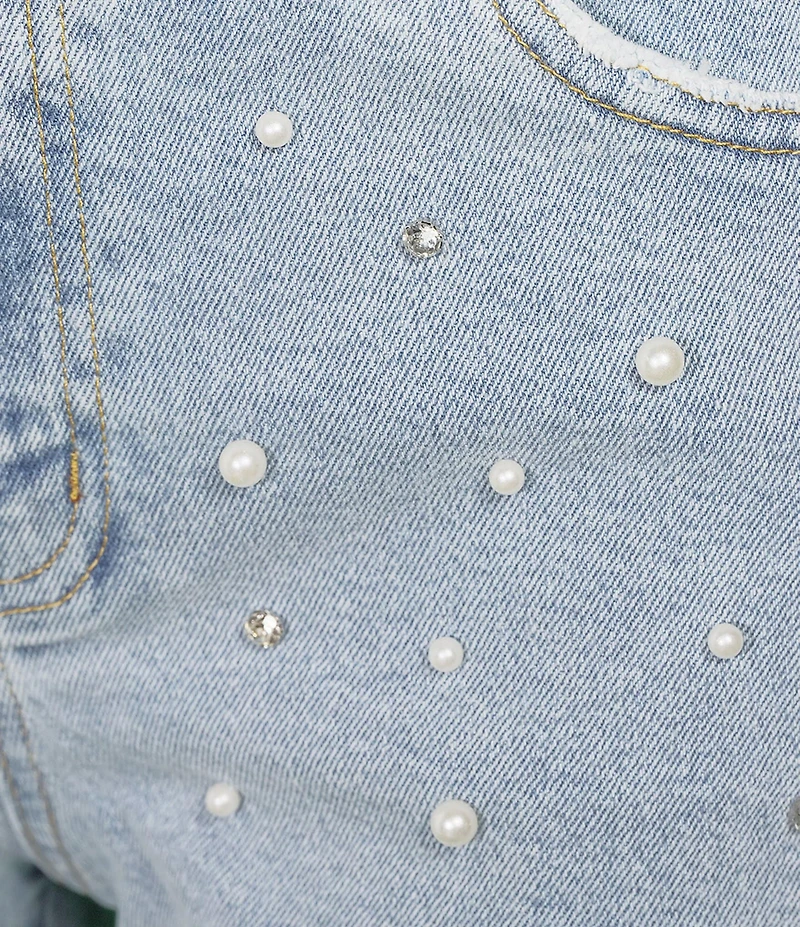 Tractr Pearl & Rhinestone Denim Shorts