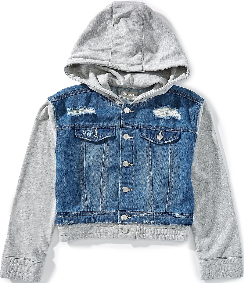 Tractr Big Girls Terrycloth/Denim Two-Fer Hooded Jacket