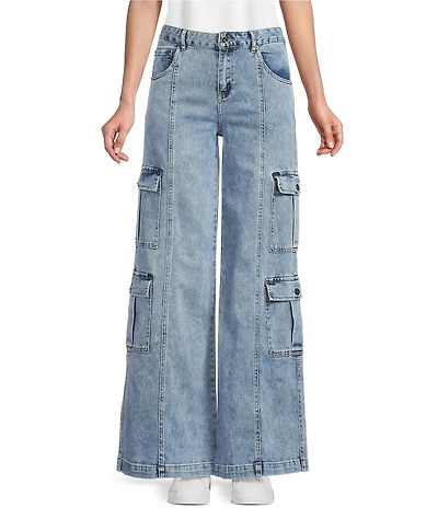 Tractr Tractr Blu Double Cargo Pocket Wide Leg Jeans