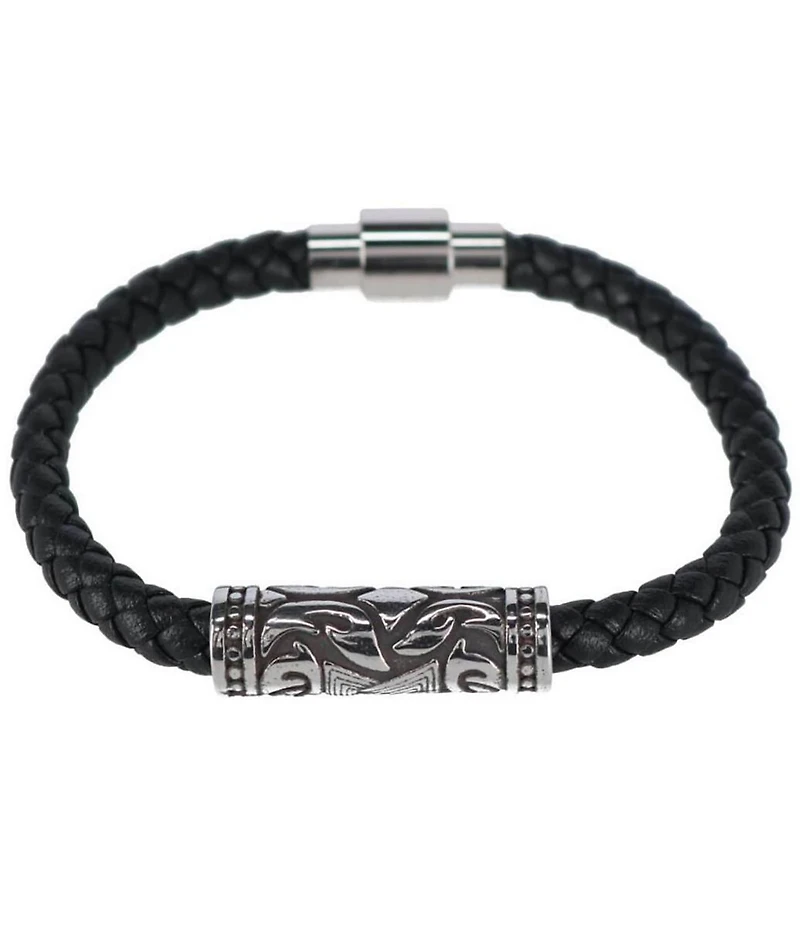 Trafalgar Silver Filigree Pattern On Black Leather Bracelet