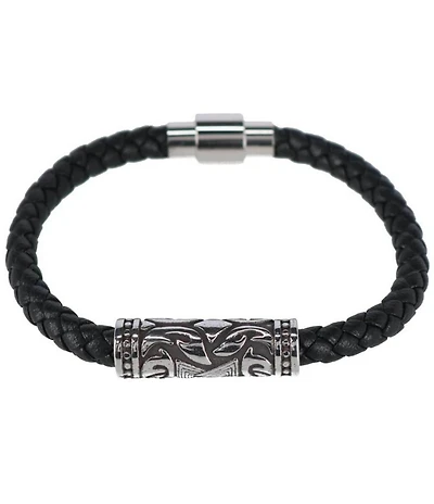 Trafalgar Silver Filigree Pattern On Black Leather Bracelet