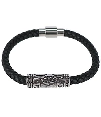 Trafalgar Silver Filigree Pattern On Black Leather Bracelet