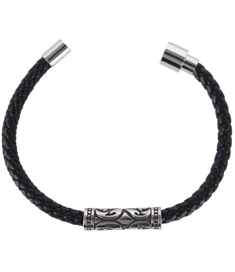 Trafalgar Silver Filigree Pattern On Black Leather Bracelet
