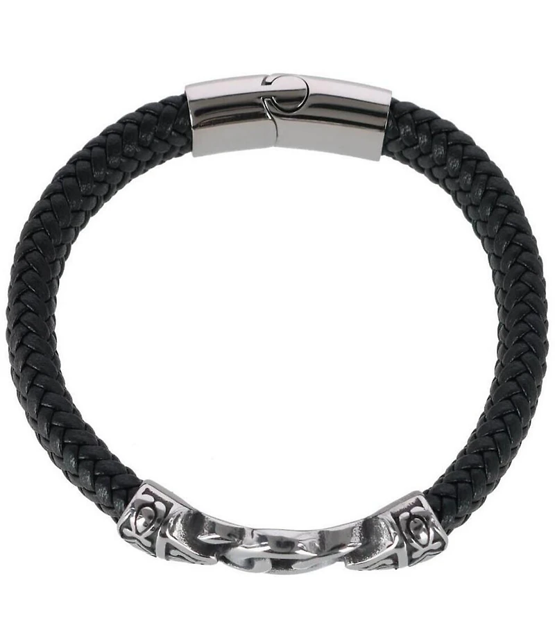 Trafalgar Silver Interlock Pattern On Black Leather Bracelet