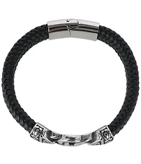Trafalgar Silver Interlock Pattern On Black Leather Bracelet