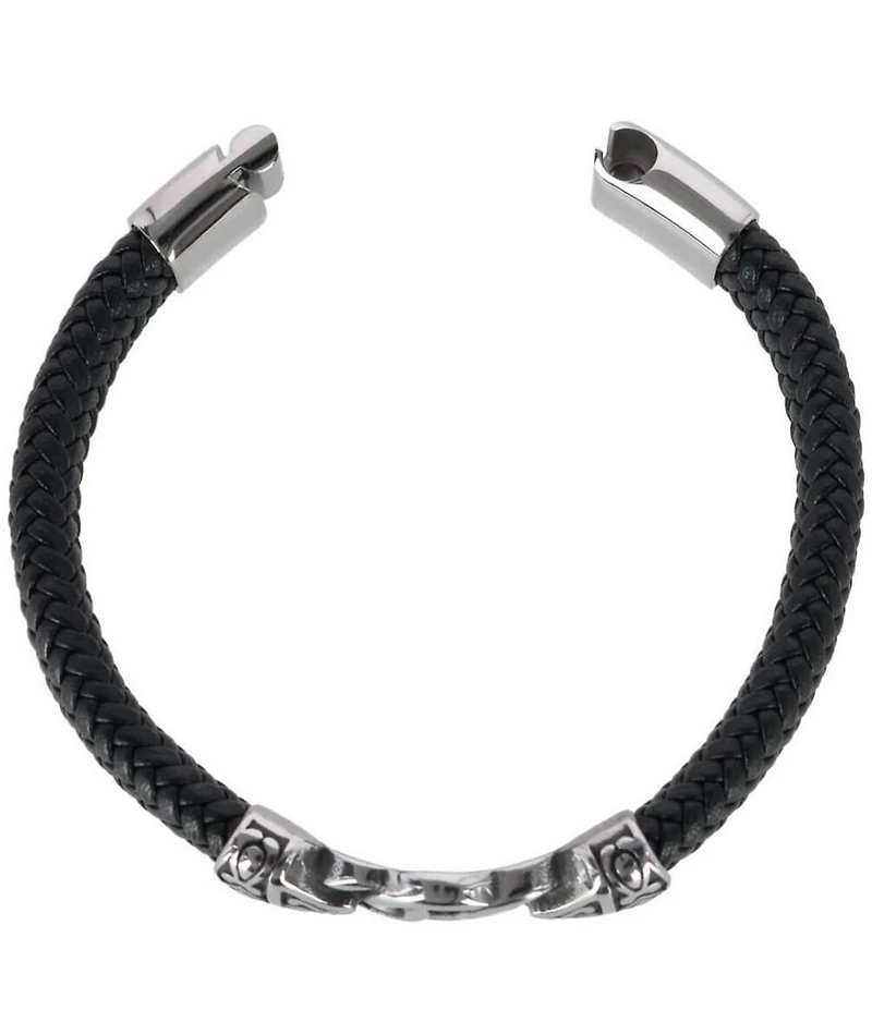 Trafalgar Silver Interlock Pattern On Black Leather Bracelet