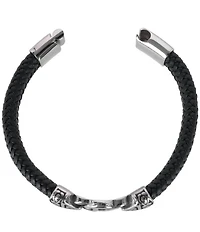 Trafalgar Silver Interlock Pattern On Black Leather Bracelet