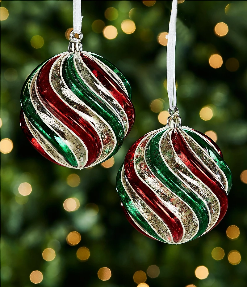 Trimsetter Christmas Magic Collection Red and Green Ribbed Swirl Glass Ball Ornament, Set of 2