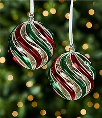 Trimsetter Christmas Magic Collection Red and Green Ribbed Swirl Glass Ball Ornament, Set of 2