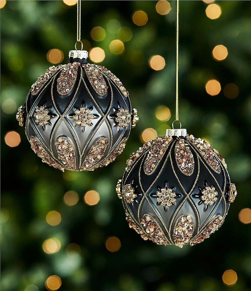 Trimsetter Grandeur Collection Black Embellished Glass Ball Ornament, Set of 2