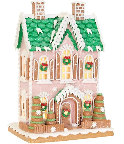 Trimsetter Santa Claus Lane Collection Pink and Green Frosted Gingerbread House