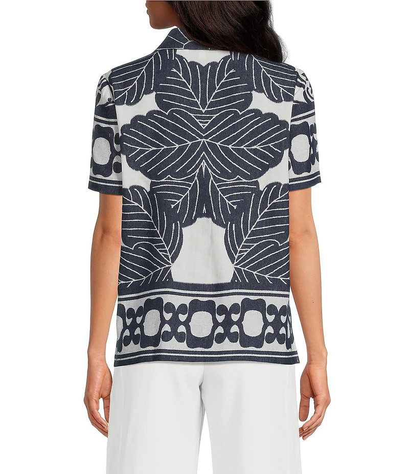 Trina Turk Abba Printed Clip Jacquard Point Collar Short Sleeve Top
