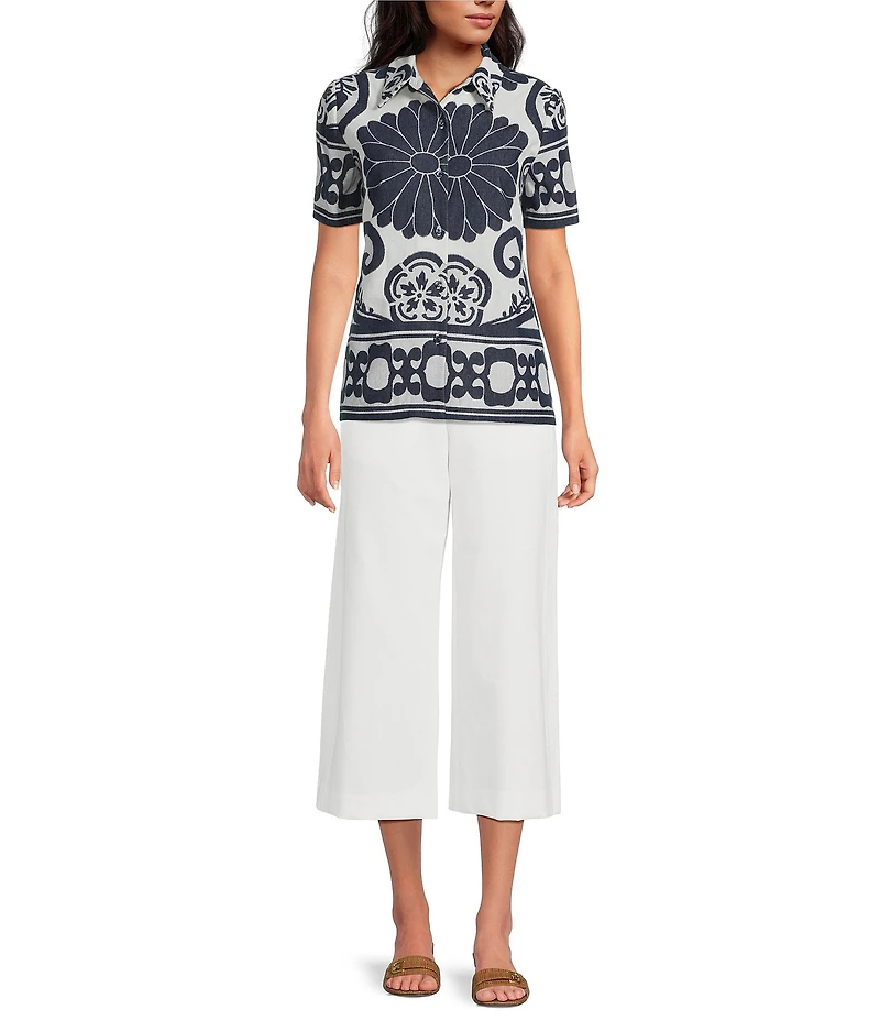 Trina Turk Abba Printed Clip Jacquard Point Collar Short Sleeve Top