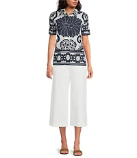 Trina Turk Abba Printed Clip Jacquard Point Collar Short Sleeve Top