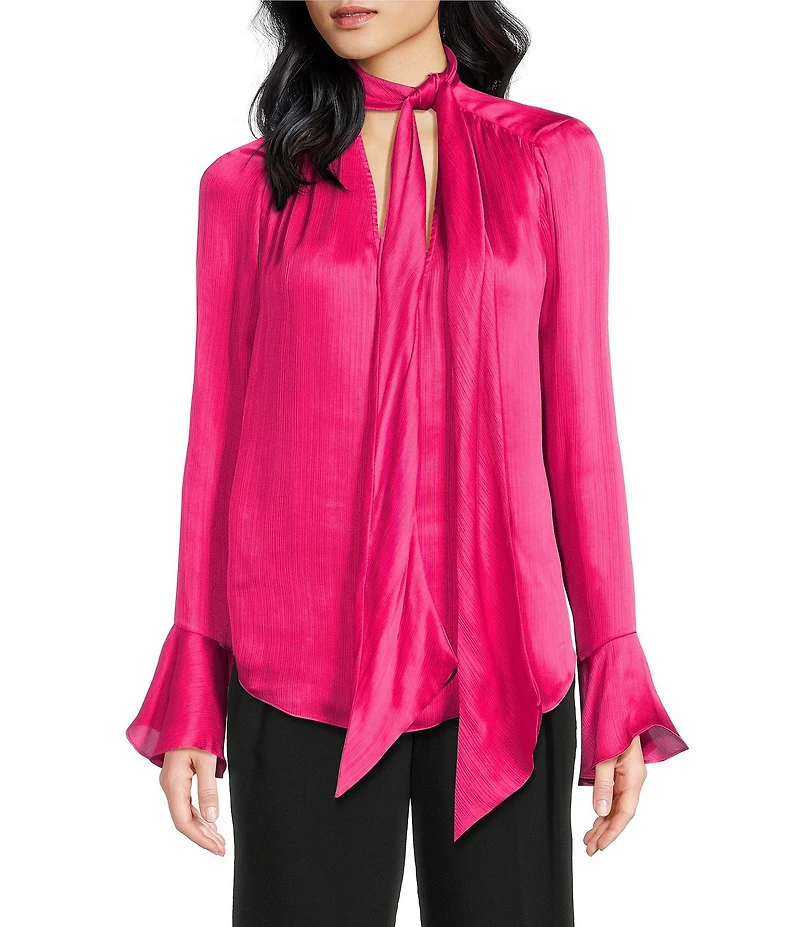 Trina Turk Alora Georgette Tie V-Neck Long Bell Sleeve Blouse