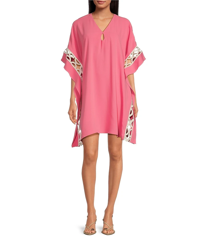 Trina Turk Amoreaux Double Georgette V-Neck Keyhole Elbow Sleeve Caftan Dress