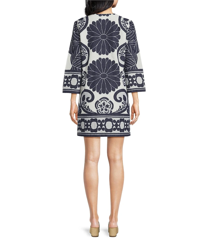 Trina Turk Amy Clip Jacquard Border Print Split V-Neck 3/4 Sleeve Dress