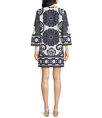 Trina Turk Amy Clip Jacquard Border Print Split V-Neck 3/4 Sleeve Dress