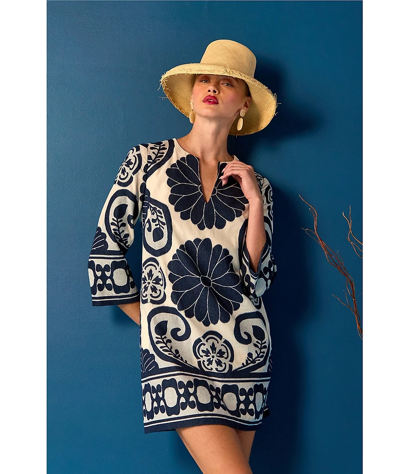 Trina Turk Amy Clip Jacquard Border Print Split V-Neck 3/4 Sleeve Dress