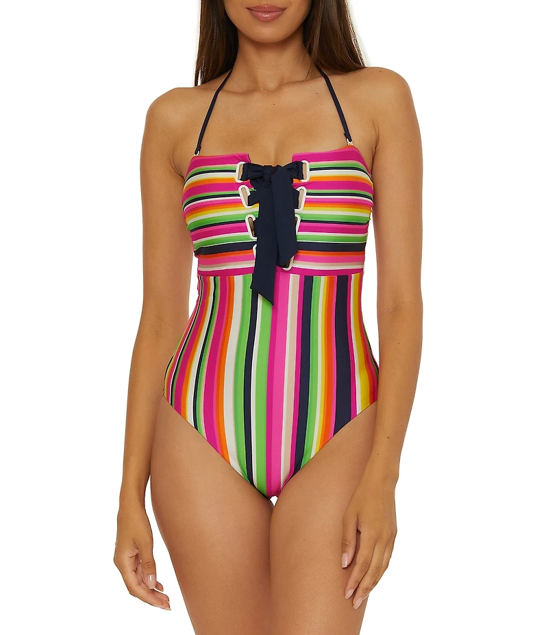Trina Turk Anniversary Stripe Corset Lace-Up Halter Neck One Piece Swimsuit