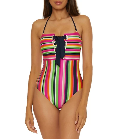 Trina Turk Anniversary Stripe Corset Lace-Up Halter Neck One Piece Swimsuit