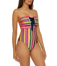 Trina Turk Anniversary Stripe Corset Lace-Up Halter Neck One Piece Swimsuit