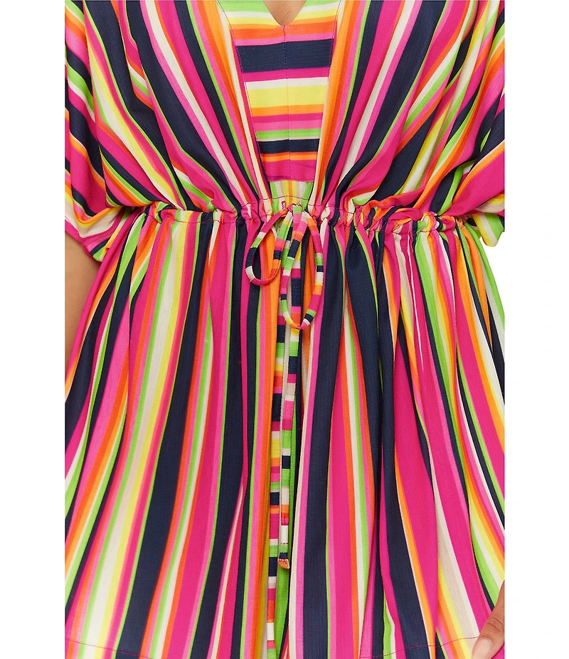 Trina Turk Anniversary Stripe V-Neck Cinched Drawcord Waist Tunic Swim Cover-Up