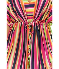 Trina Turk Anniversary Stripe V-Neck Cinched Drawcord Waist Tunic Swim Cover-Up