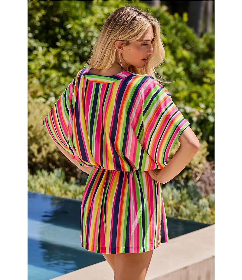 Trina Turk Anniversary Stripe V-Neck Cinched Drawcord Waist Tunic Swim Cover-Up