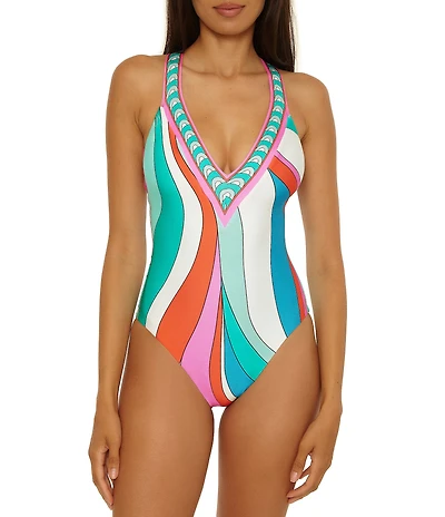 Trina Turk Apollo Banded Plunge Neck One Piece Swimsuit