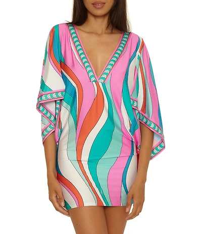 Trina Turk Apollo Border Print V-Neck Tunic Swim Cover-Up