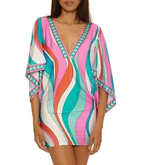 Trina Turk Apollo Border Print V-Neck Tunic Swim Cover-Up