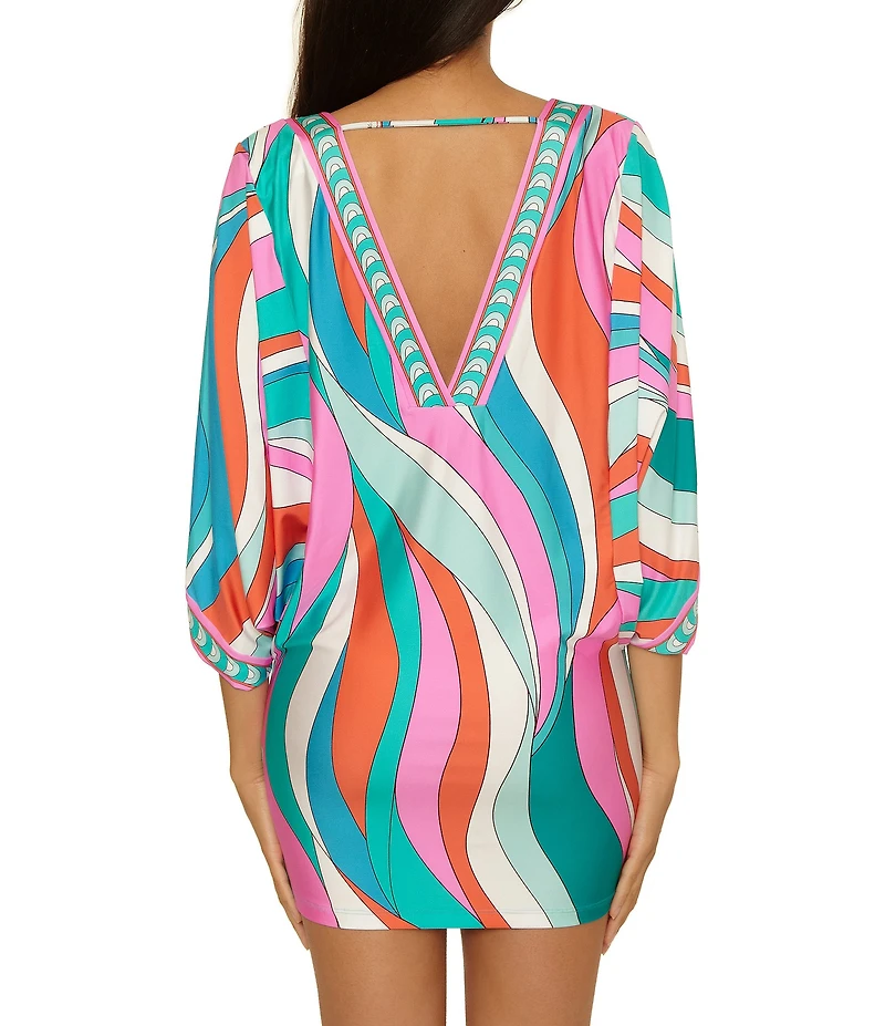 Trina Turk Apollo Border Print V-Neck Tunic Swim Cover-Up