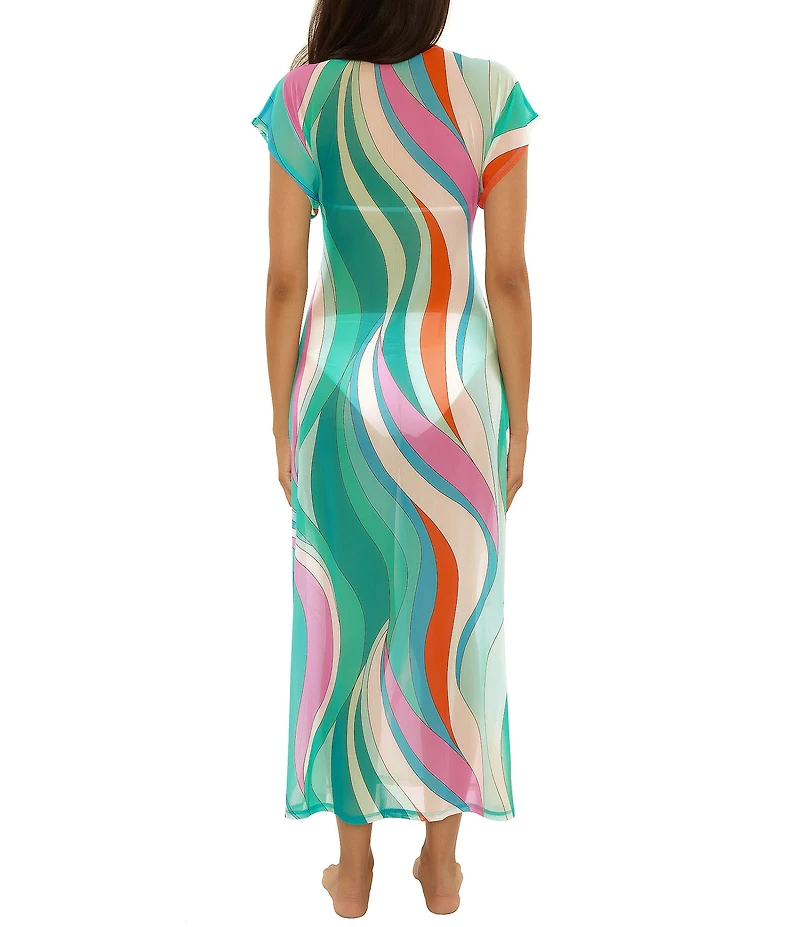 Trina Turk Apollo Tie Front V-Neck Stretch Mesh Maxi Dress Swim Cover-Up